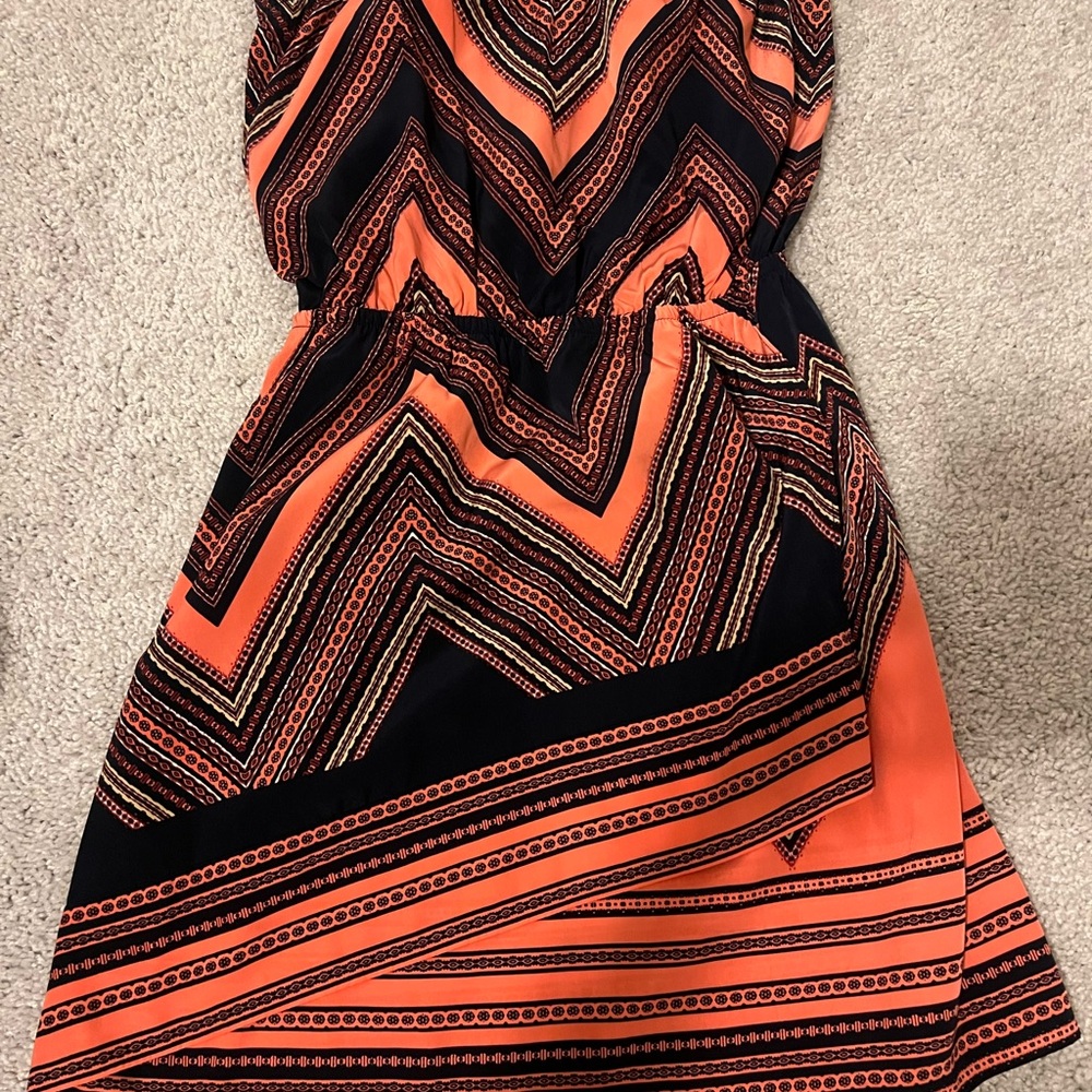 Coral And Navy Express Strapless Patterned Dress - image 2